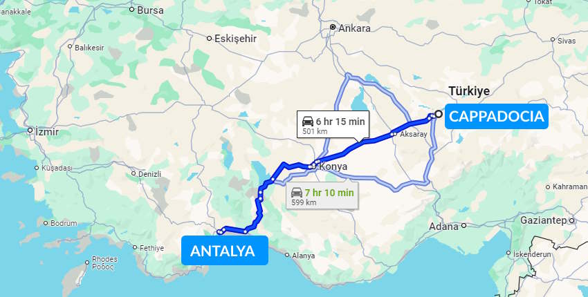 Cappadocia to Antalya distance by bus or train